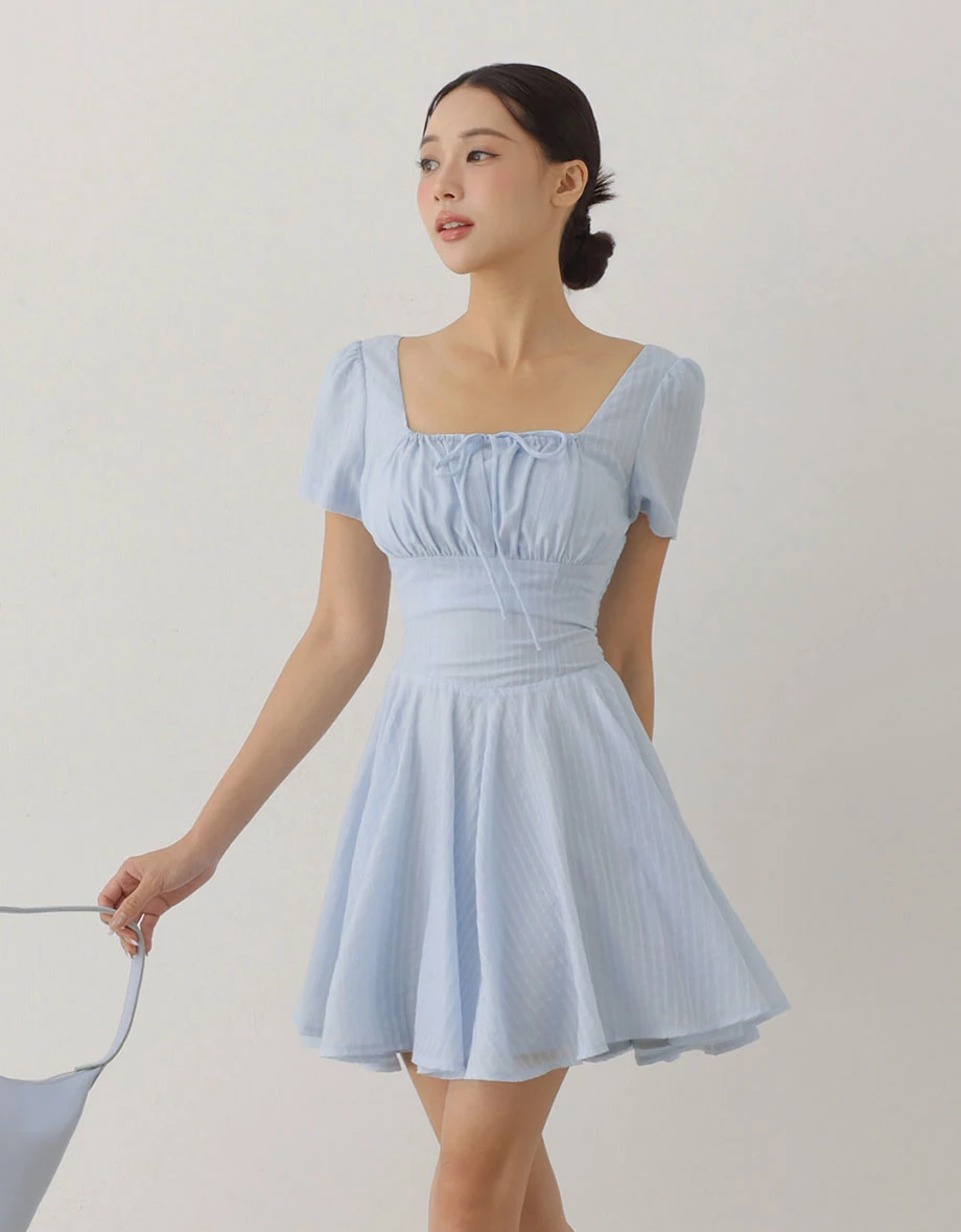 Tie Front Gathered Square Neck Striped Padded Mini Dress Tie Front Gathered Square Neck Striped Padded Mini Dress