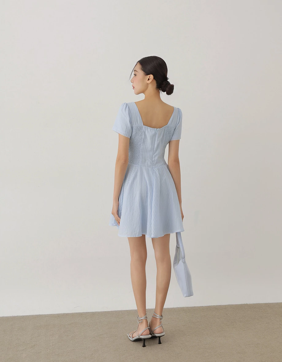 Tie Front Gathered Square Neck Striped Padded Mini Dress Tie Front Gathered Square Neck Striped Padded Mini Dress
