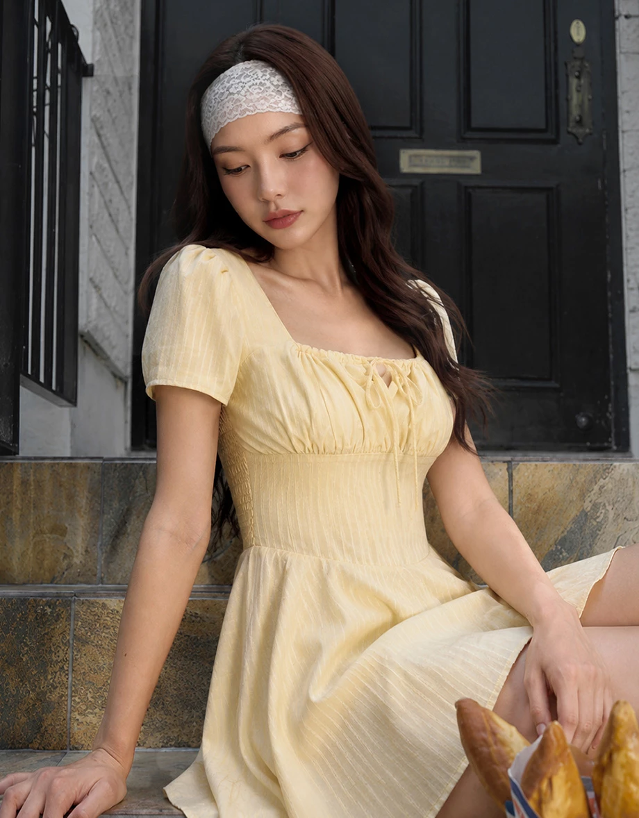 Tie Front Gathered Square Neck Striped Padded Mini Dress Tie Front Gathered Square Neck Striped Padded Mini Dress
