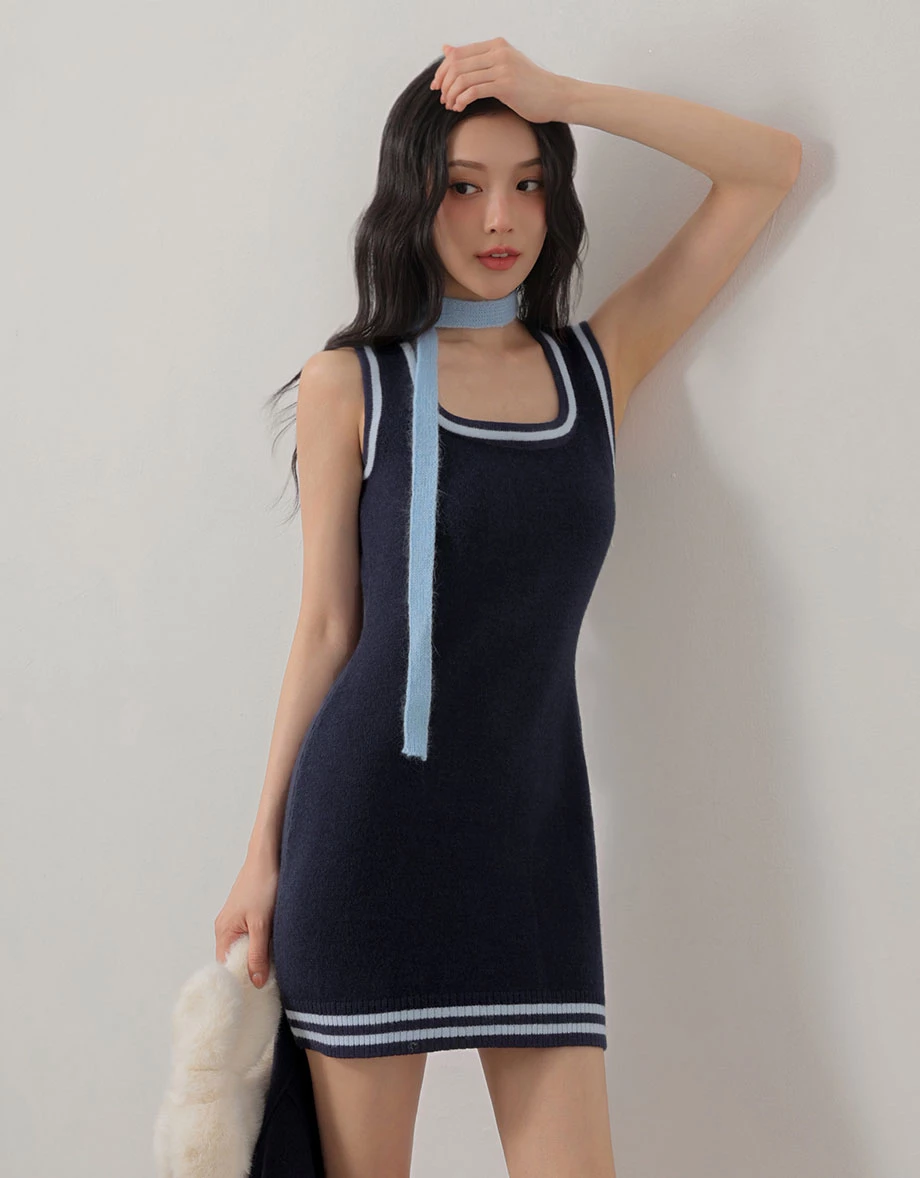 Contrast Stripe Trim Square Neck Sleeveless Knit Mini Dress