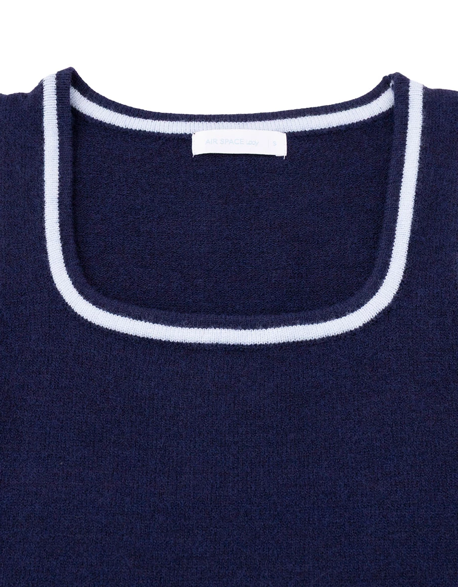 Contrast Stripe Trim Square Neck Sleeveless Knit Mini Dress Contrast Stripe Trim Square Neck Sleeveless Knit Mini Dress