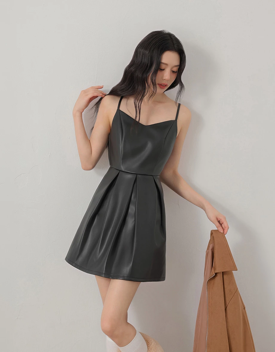 Pleated Hem V Neck Adjustable Strap Faux Leather Mini Dress Pleated Hem V Neck Adjustable Strap Faux Leather Mini Dress