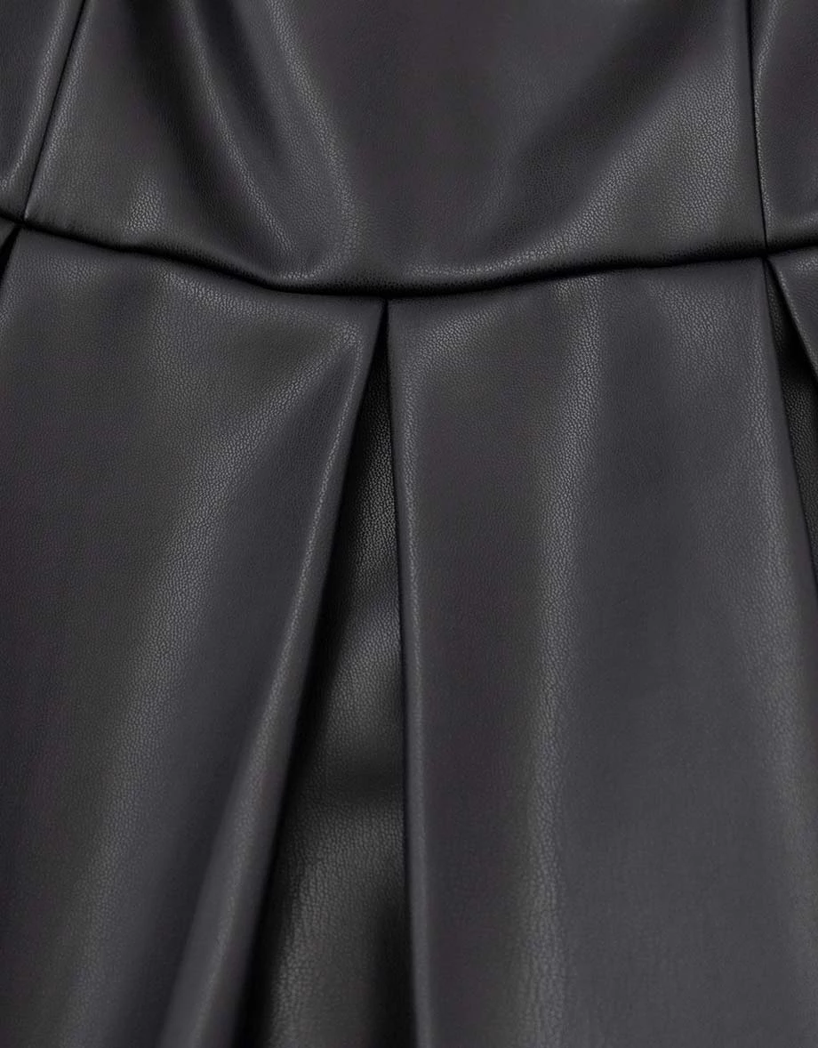 Pleated Hem V Neck Adjustable Strap Faux Leather Mini Dress Pleated Hem V Neck Adjustable Strap Faux Leather Mini Dress
