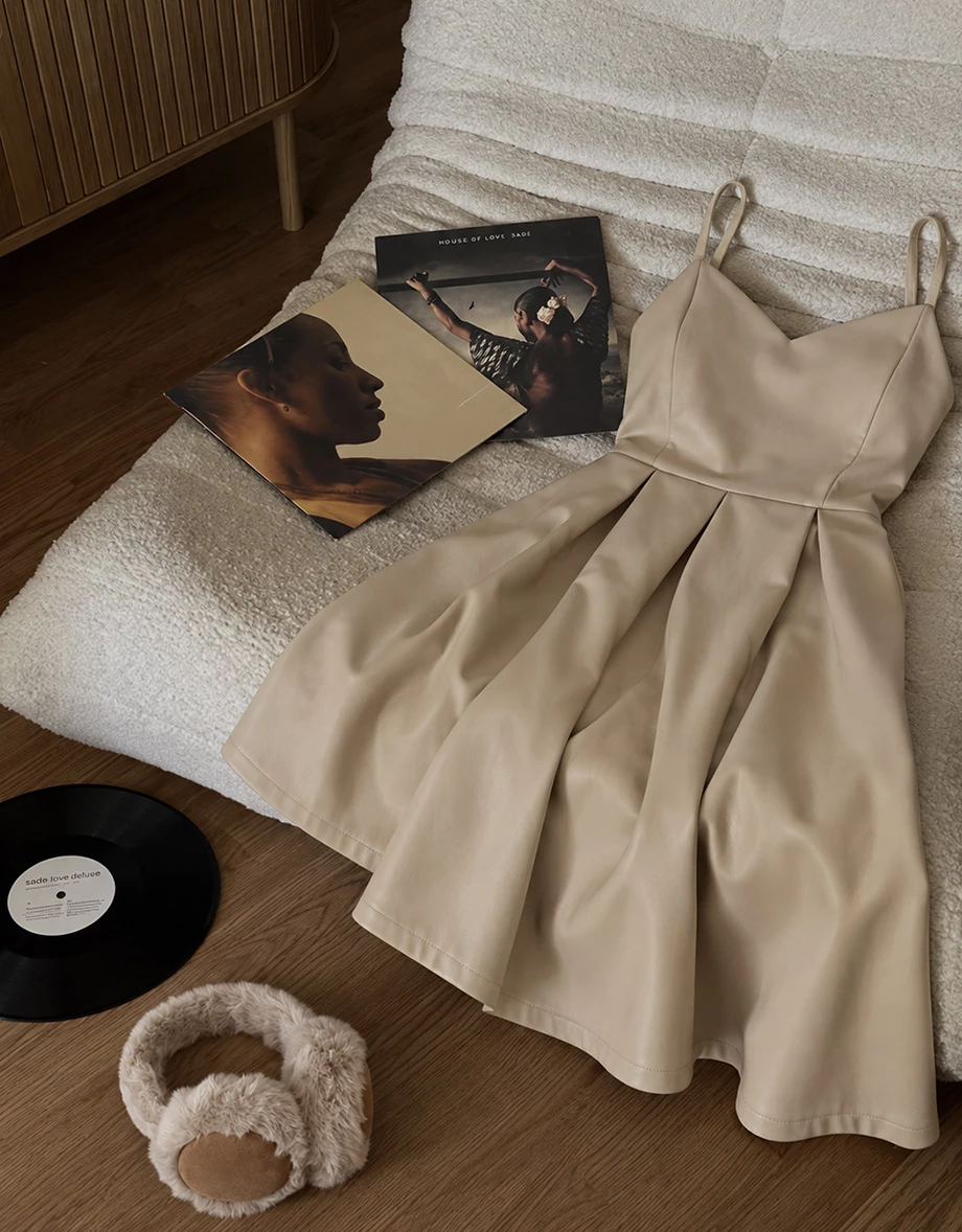 Pleated Hem V Neck Adjustable Strap Faux Leather Mini Dress Pleated Hem V Neck Adjustable Strap Faux Leather Mini Dress