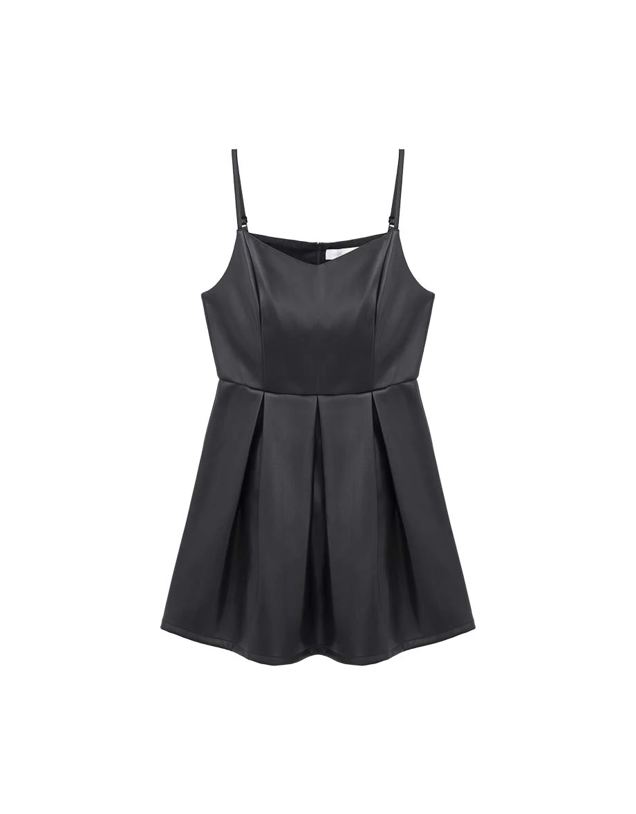 Pleated Hem V Neck Adjustable Strap Faux Leather Mini Dress Pleated Hem V Neck Adjustable Strap Faux Leather Mini Dress
