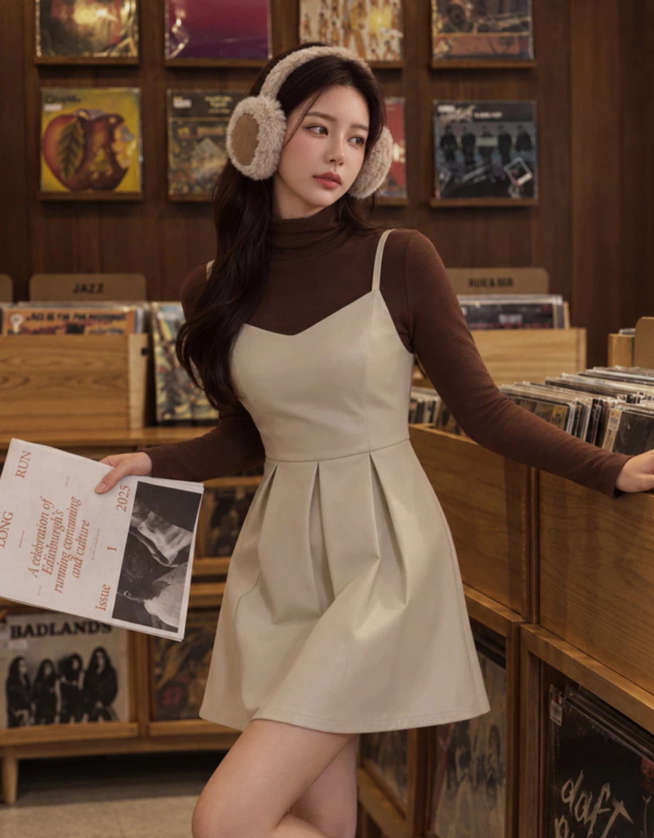 Pleated Hem V Neck Adjustable Strap Faux Leather Mini Dress Pleated Hem V Neck Adjustable Strap Faux Leather Mini Dress