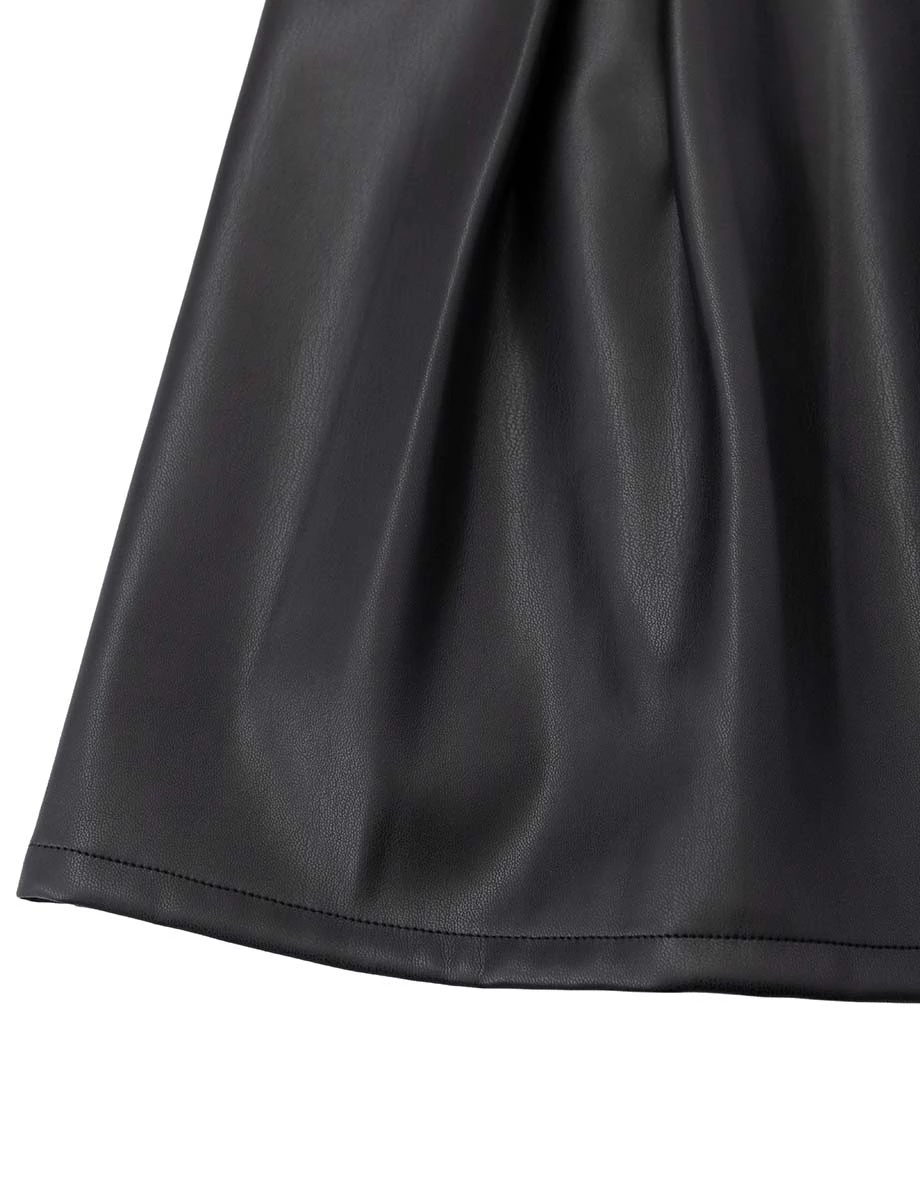 Pleated Hem V Neck Adjustable Strap Faux Leather Mini Dress Pleated Hem V Neck Adjustable Strap Faux Leather Mini Dress