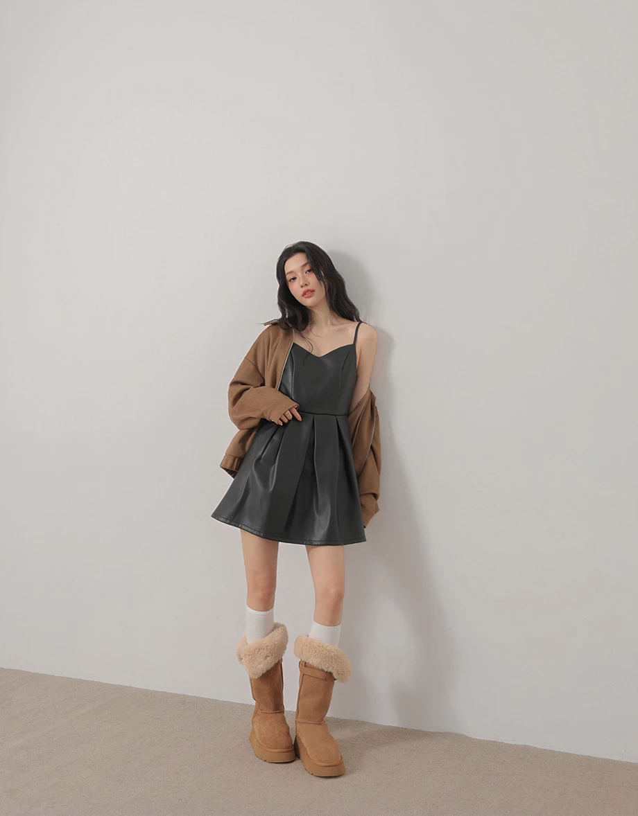 Pleated Hem V Neck Adjustable Strap Faux Leather Mini Dress Pleated Hem V Neck Adjustable Strap Faux Leather Mini Dress