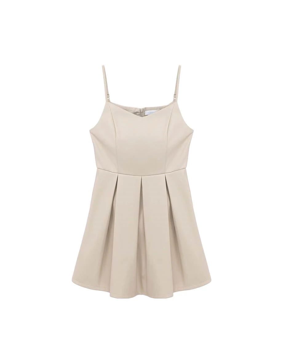 Pleated Hem V Neck Adjustable Strap Faux Leather Mini Dress Pleated Hem V Neck Adjustable Strap Faux Leather Mini Dress
