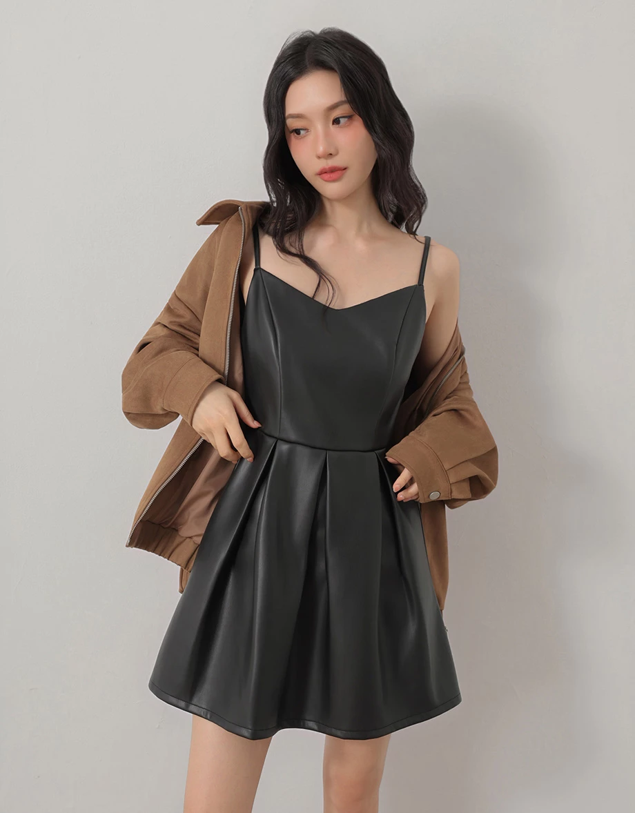 Pleated Hem V Neck Adjustable Strap Faux Leather Mini Dress Pleated Hem V Neck Adjustable Strap Faux Leather Mini Dress