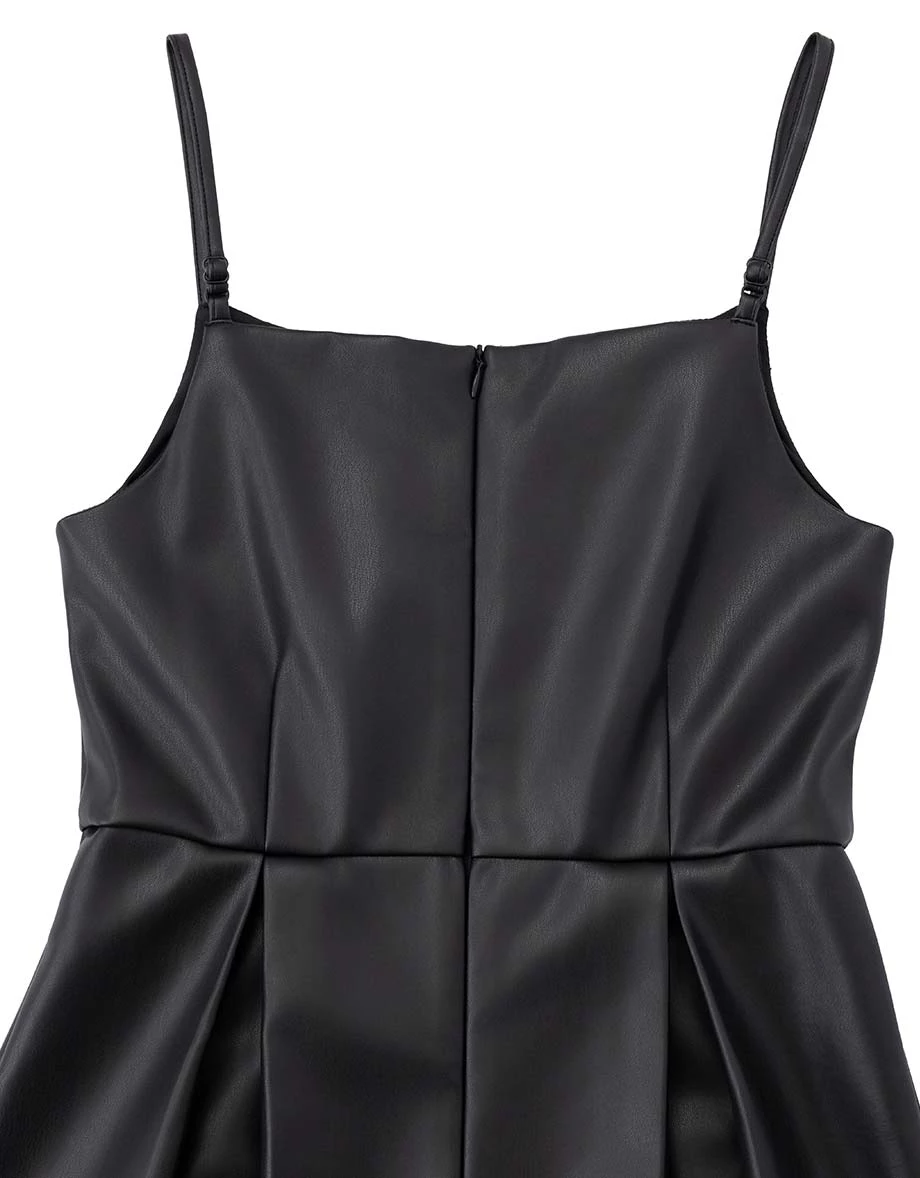 Pleated Hem V Neck Adjustable Strap Faux Leather Mini Dress Pleated Hem V Neck Adjustable Strap Faux Leather Mini Dress
