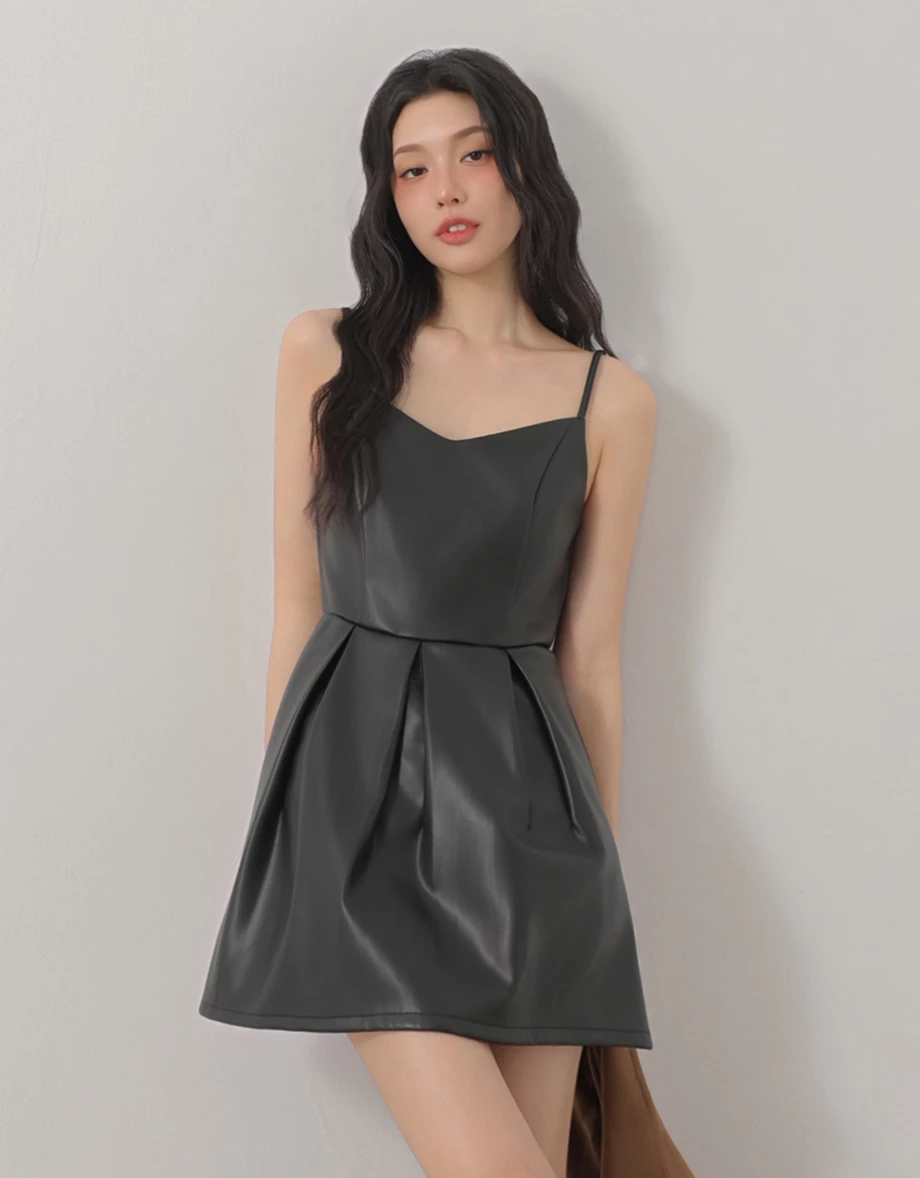 Pleated Hem V Neck Adjustable Strap Faux Leather Mini Dress Pleated Hem V Neck Adjustable Strap Faux Leather Mini Dress