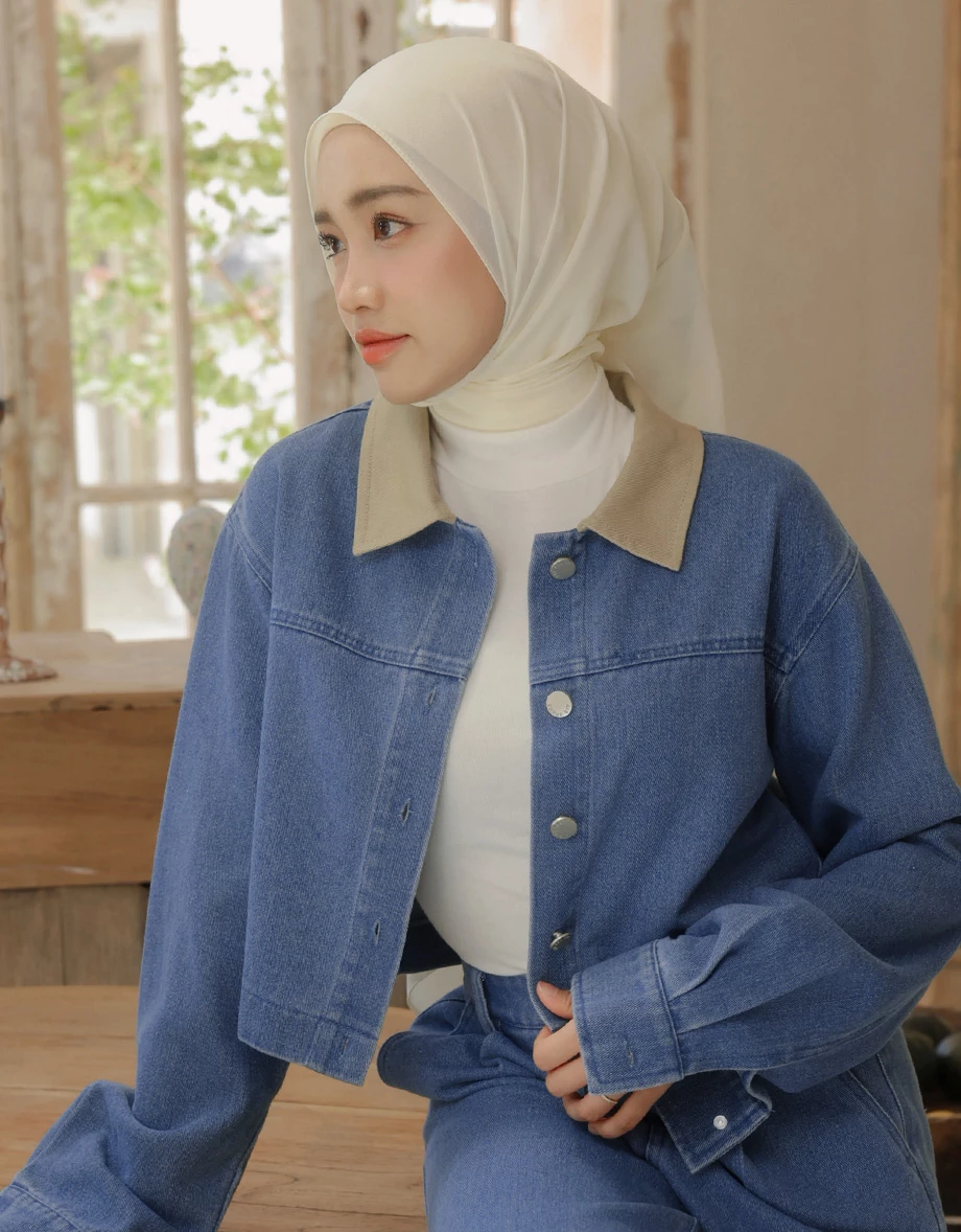 【SABRINA Design】Contrast Collar Button Down Jeans Denim Jacket