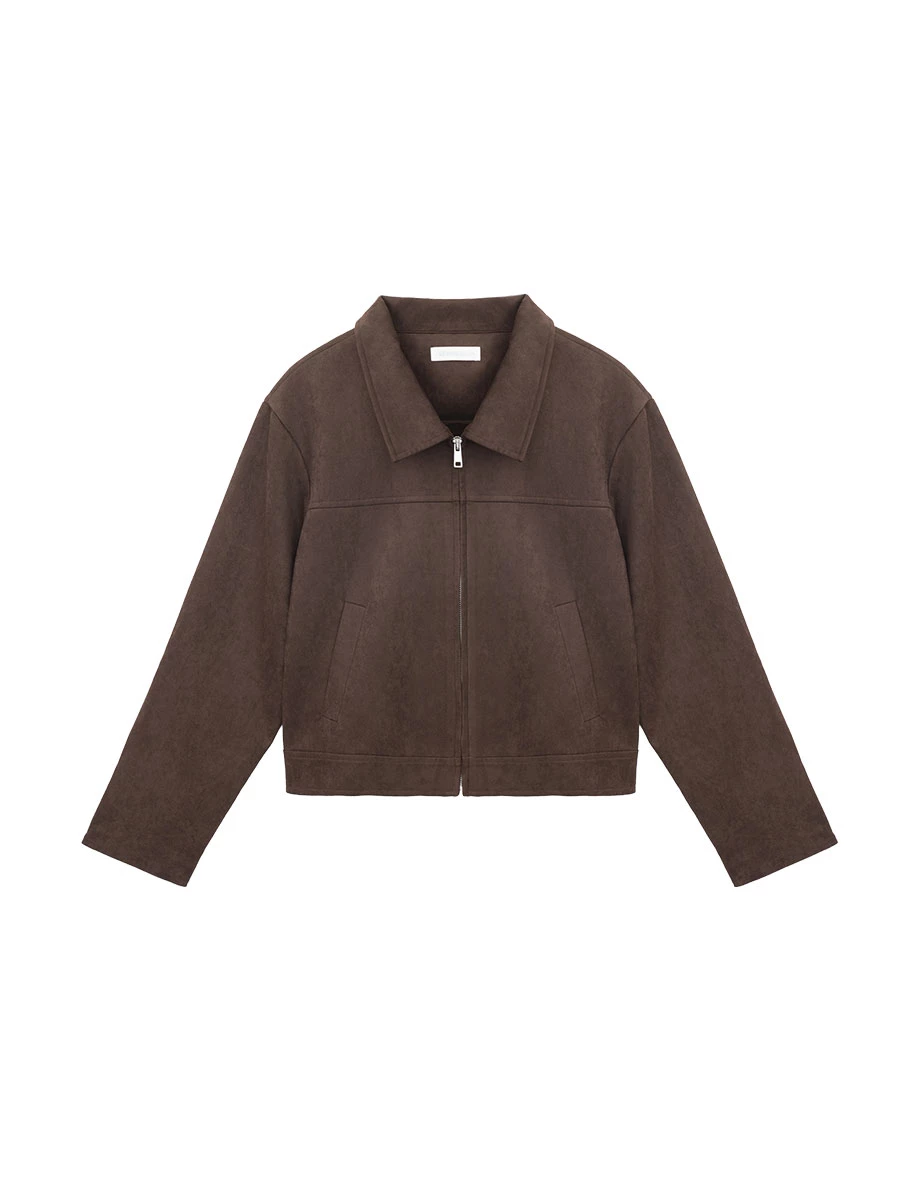 Lapel Collar Zip Up Cropped Jacket with Shoulder Pads(Faux Leather / Faux Suede) Lapel Collar Zip Up Cropped Jacket with Shoulder Pads(Faux Leather / Faux Suede)