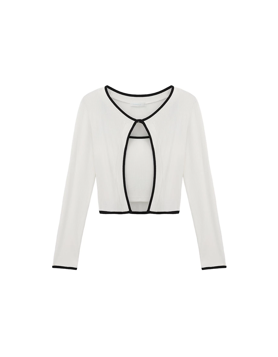 Contrast Trim Long Sleeve Hook Cardigan and Ribbed Padded Camisole Top Set Wear