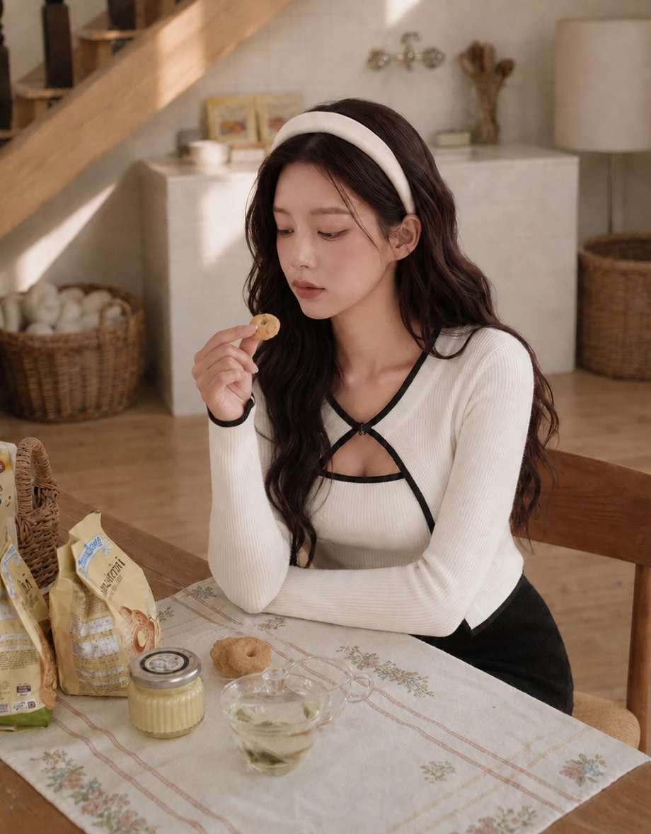 撞色滾邊細肩帶BRA背心長袖羅紋開襟衫套裝 撞色滾邊細肩帶BRA背心長袖羅紋開襟衫套裝