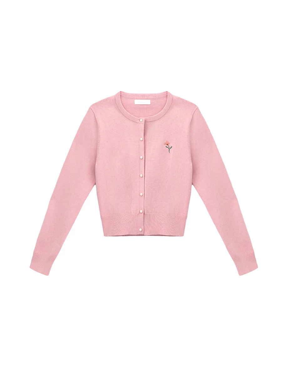 【SABRINA Design】Floral Embroidered Pearl Button Crop Cardigan