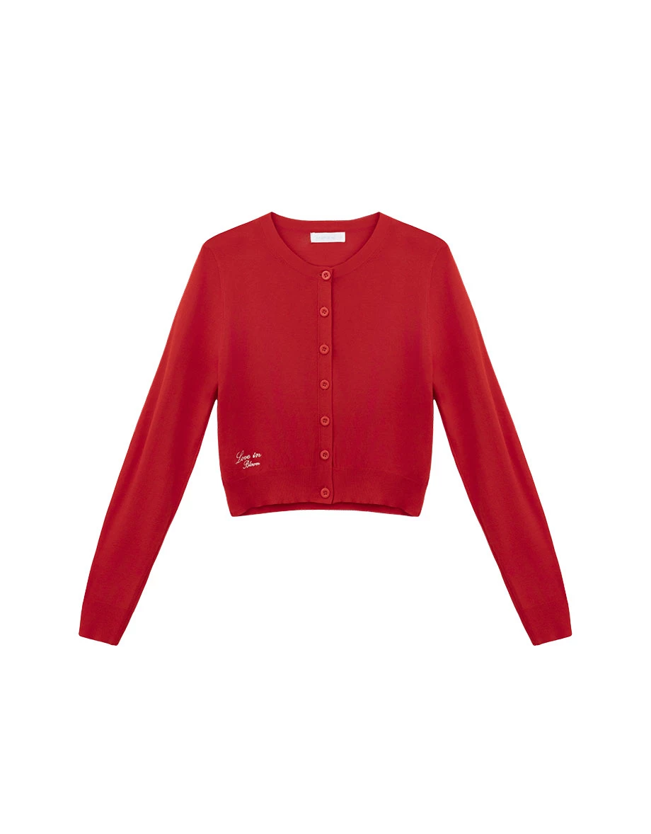 Slogan Embroidered Round Neck Button Up Knit Cardigan Slogan Embroidered Round Neck Button Up Knit Cardigan