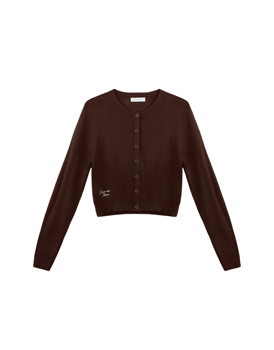 Slogan Embroidered Round Neck Button Up Knit Cardigan Slogan Embroidered Round Neck Button Up Knit Cardigan