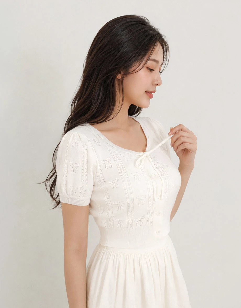 V領排扣綁帶澎袖短版蝴蝶結麻花織紋開襟針織衫 V領排扣綁帶澎袖短版蝴蝶結麻花織紋開襟針織衫