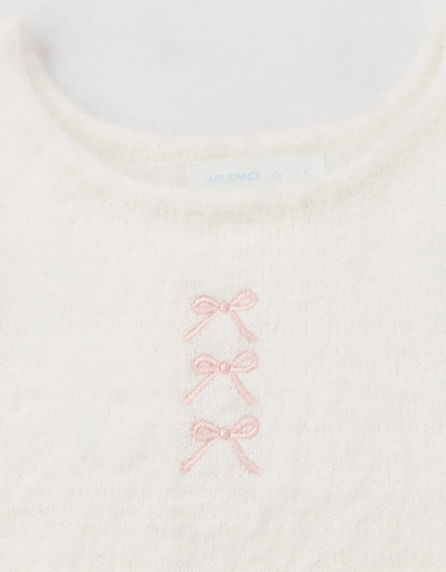 蝴蝶結刺繡圓領短版毛絨針織背心