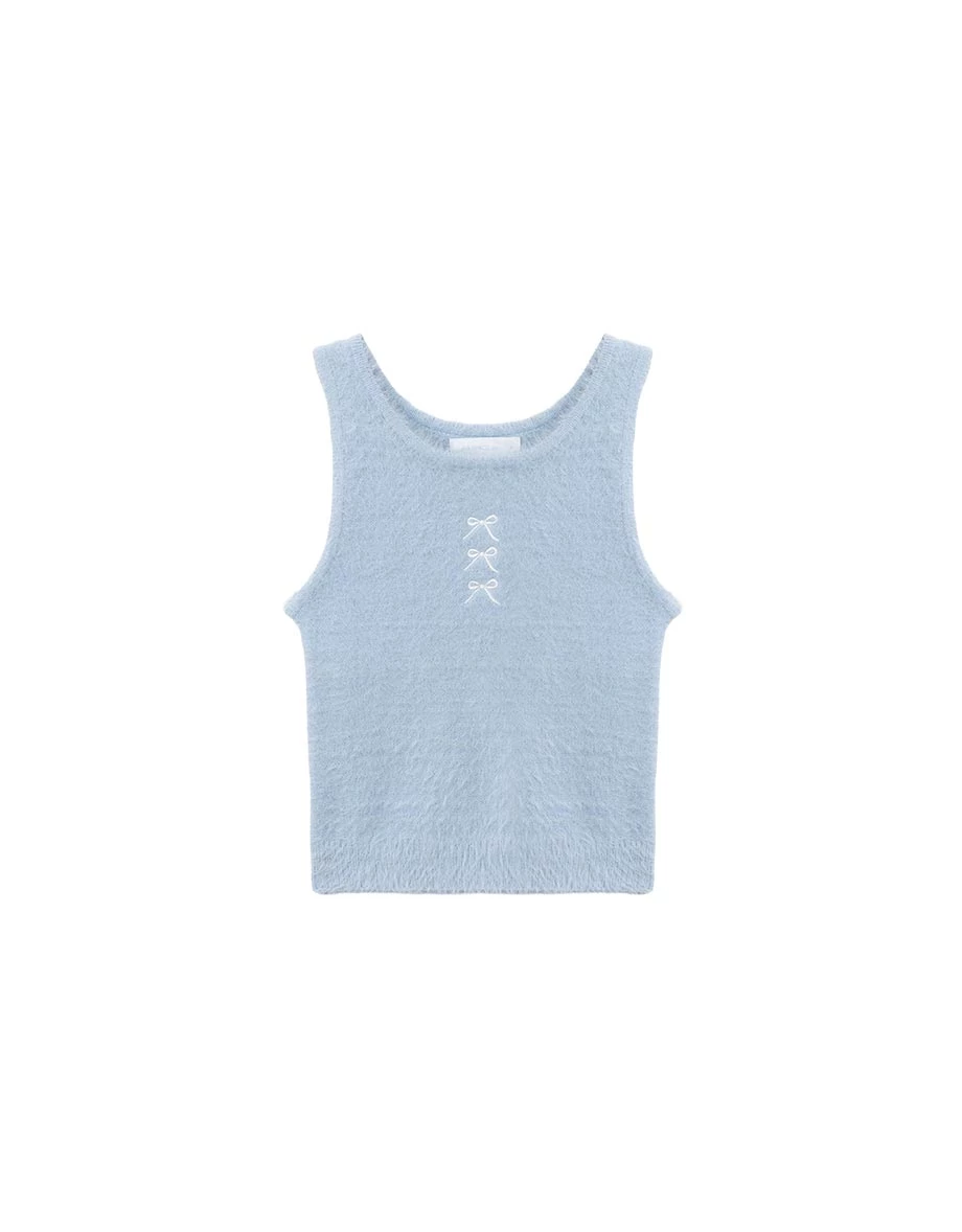 Fuzzy Knit Bow Embroidered Sleeveless Crop Tank Top