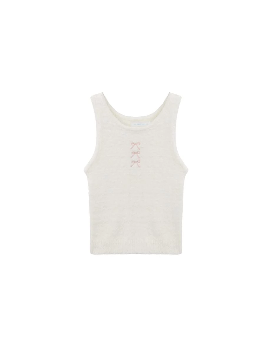 Fuzzy Knit Bow Embroidered Sleeveless Crop Tank Top