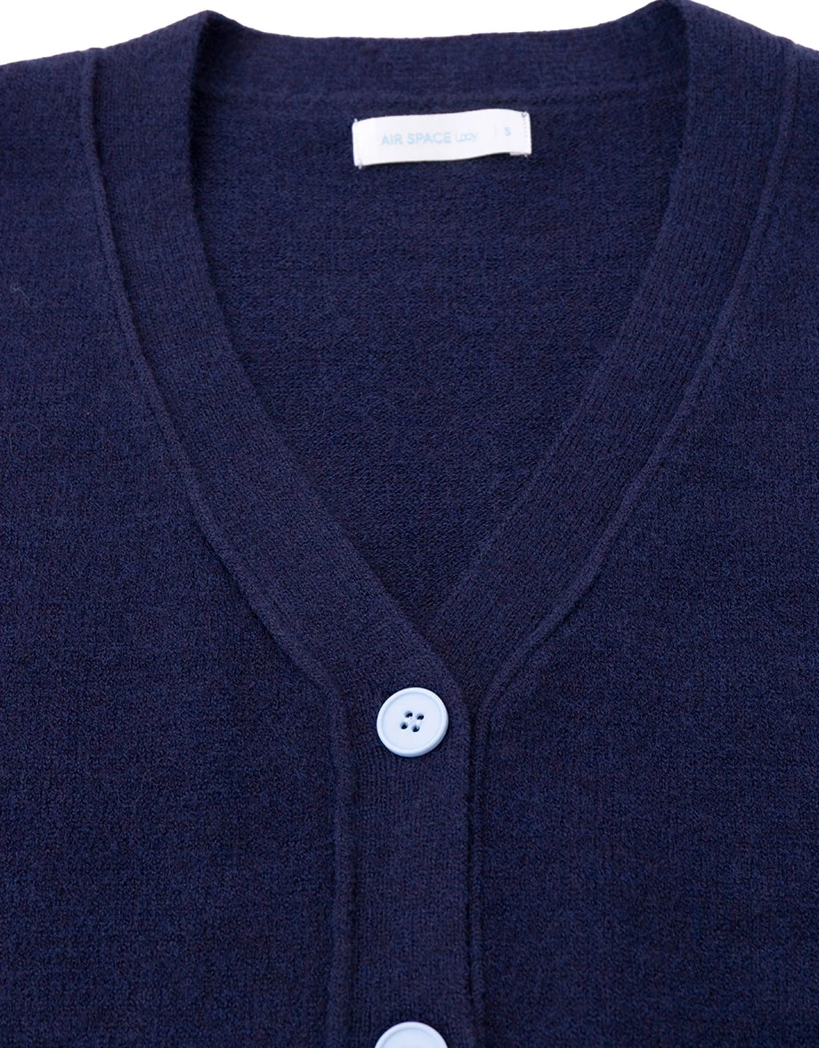 AIR SPACE Logo Embroidered V Neck Contrast Stripe Trim Cropped Knit Cardigan AIR SPACE Logo Embroidered V Neck Contrast Stripe Trim Cropped Knit Cardigan