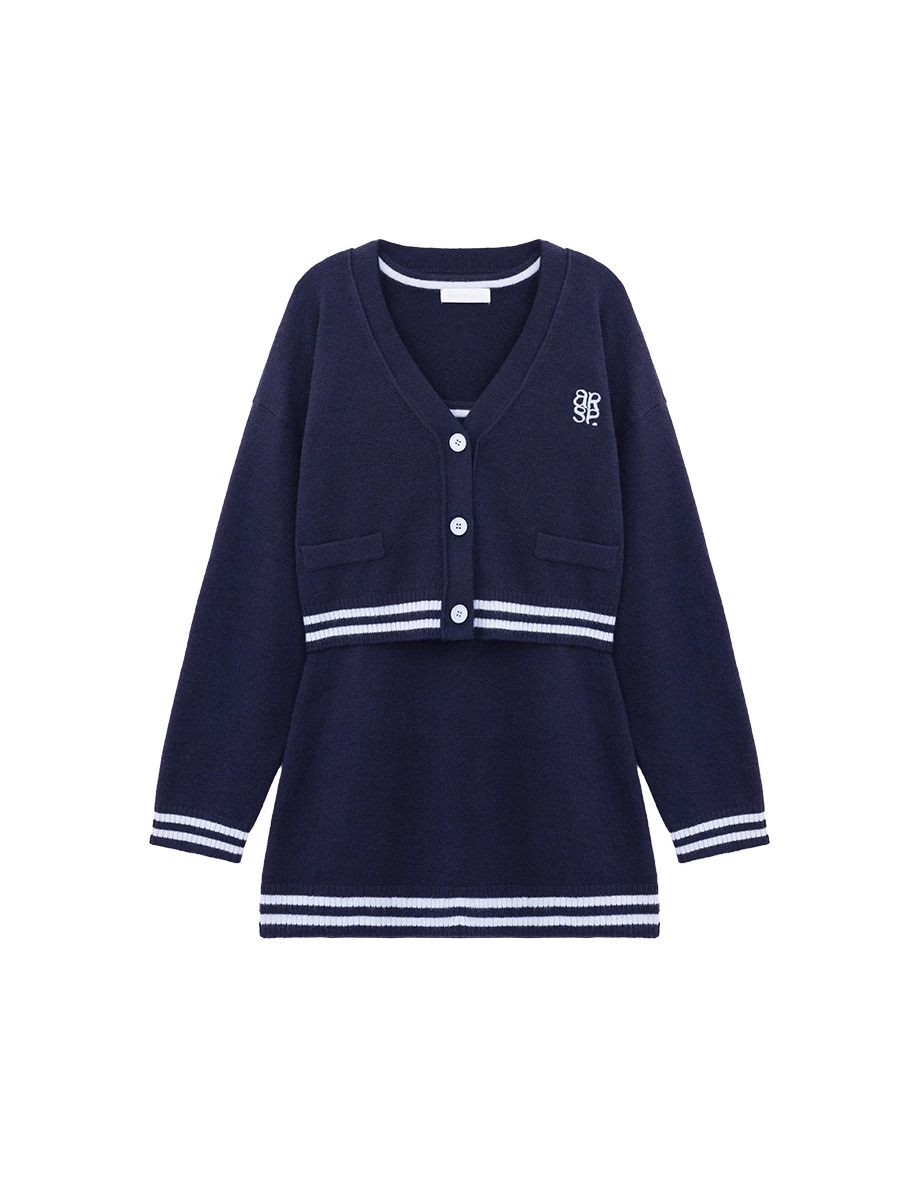 AIR SPACE Logo Embroidered V Neck Contrast Stripe Trim Cropped Knit Cardigan AIR SPACE Logo Embroidered V Neck Contrast Stripe Trim Cropped Knit Cardigan
