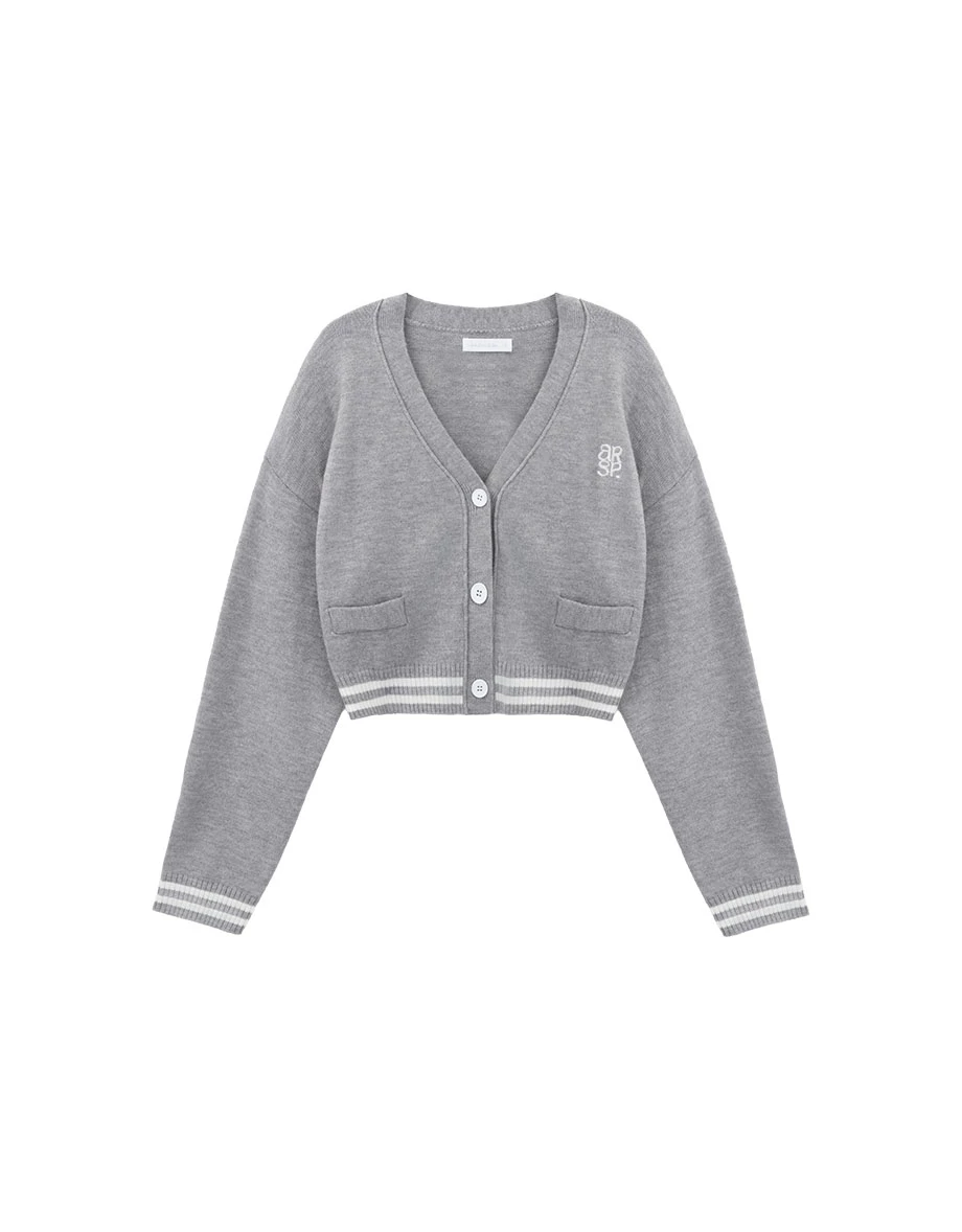 AIR SPACE Logo Embroidered V Neck Contrast Stripe Trim Cropped Knit Cardigan