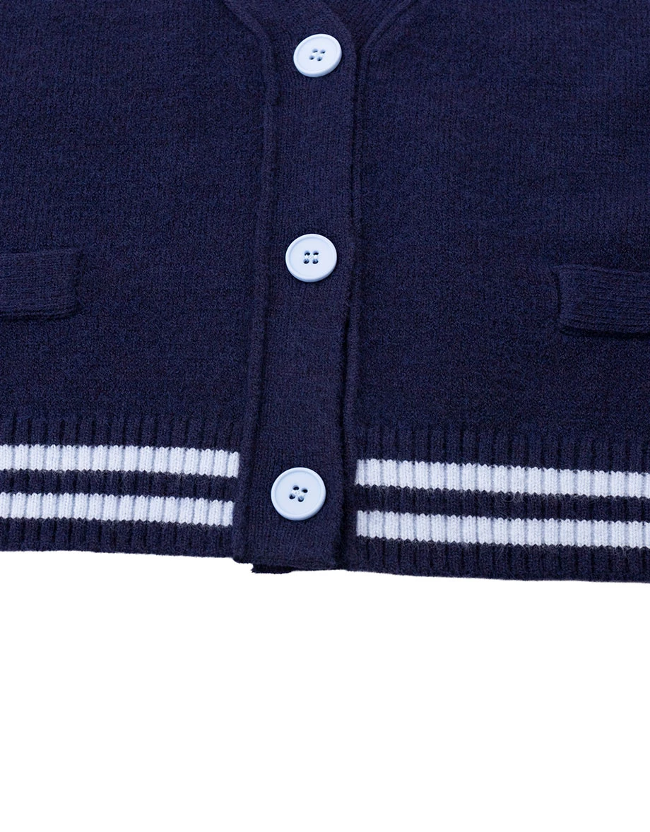 AIR SPACE Logo Embroidered V Neck Contrast Stripe Trim Cropped Knit Cardigan AIR SPACE Logo Embroidered V Neck Contrast Stripe Trim Cropped Knit Cardigan