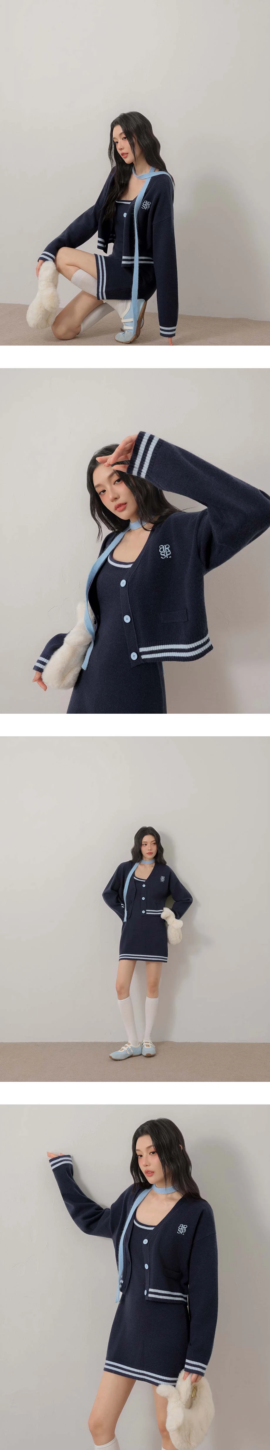 AIR SPACE Logo Embroidered V Neck Contrast Stripe Trim Cropped Knit Cardigan AIR SPACE Logo Embroidered V Neck Contrast Stripe Trim Cropped Knit Cardigan