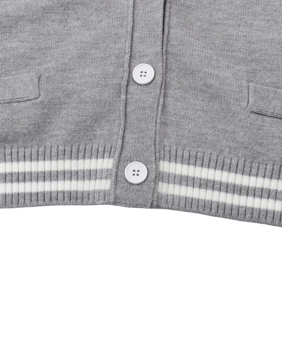 AIR SPACE Logo Embroidered V Neck Contrast Stripe Trim Cropped Knit Cardigan AIR SPACE Logo Embroidered V Neck Contrast Stripe Trim Cropped Knit Cardigan