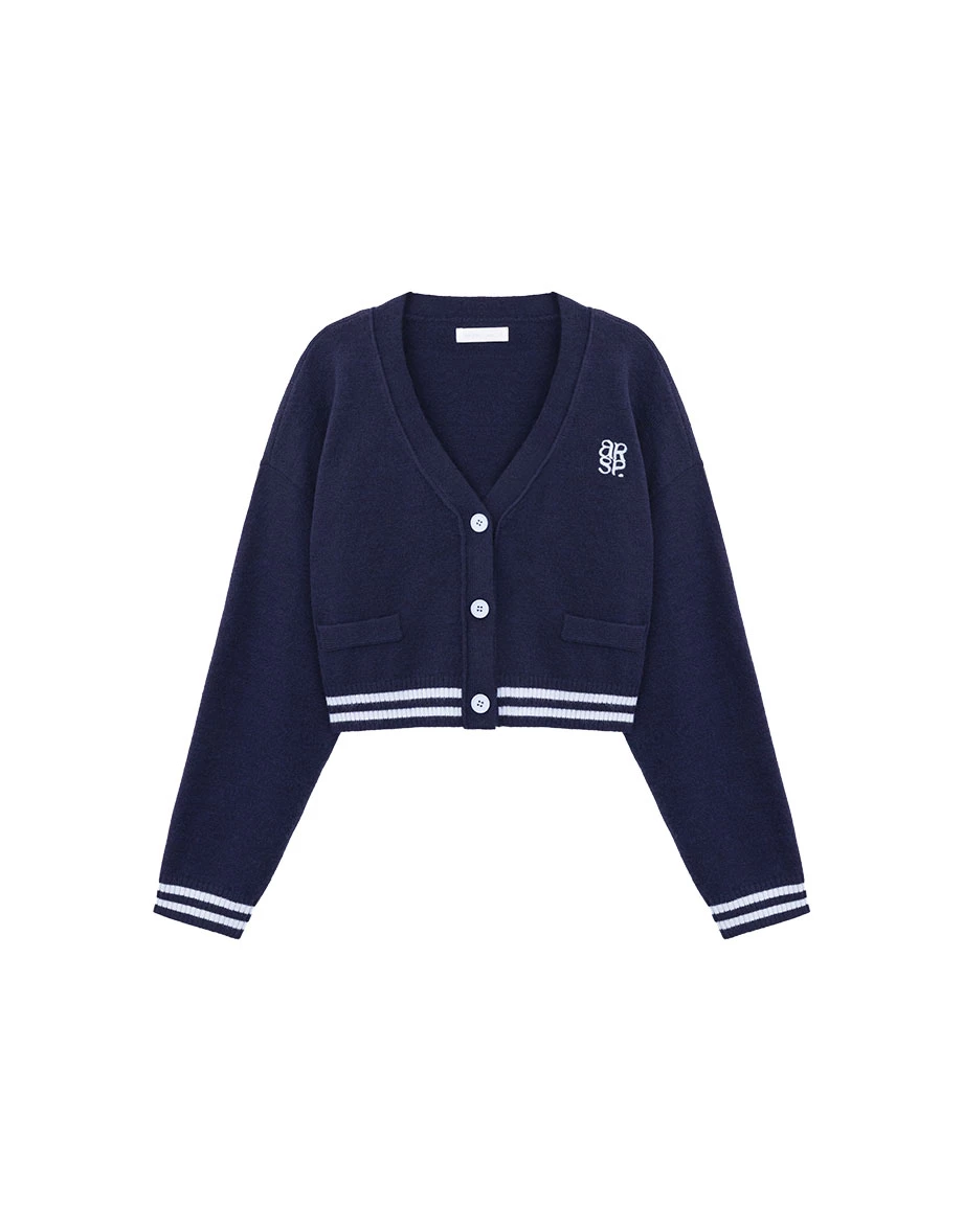 AIR SPACE Logo Embroidered V Neck Contrast Stripe Trim Cropped Knit Cardigan AIR SPACE Logo Embroidered V Neck Contrast Stripe Trim Cropped Knit Cardigan