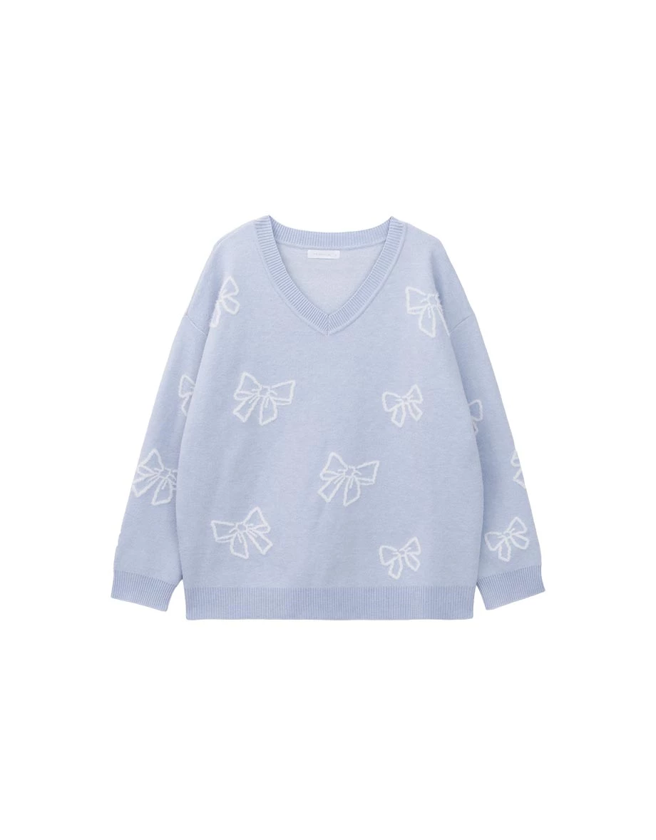Allover Bow Jacquard V Neck Oversized Knit Sweater Allover Bow Jacquard V Neck Oversized Knit Sweater