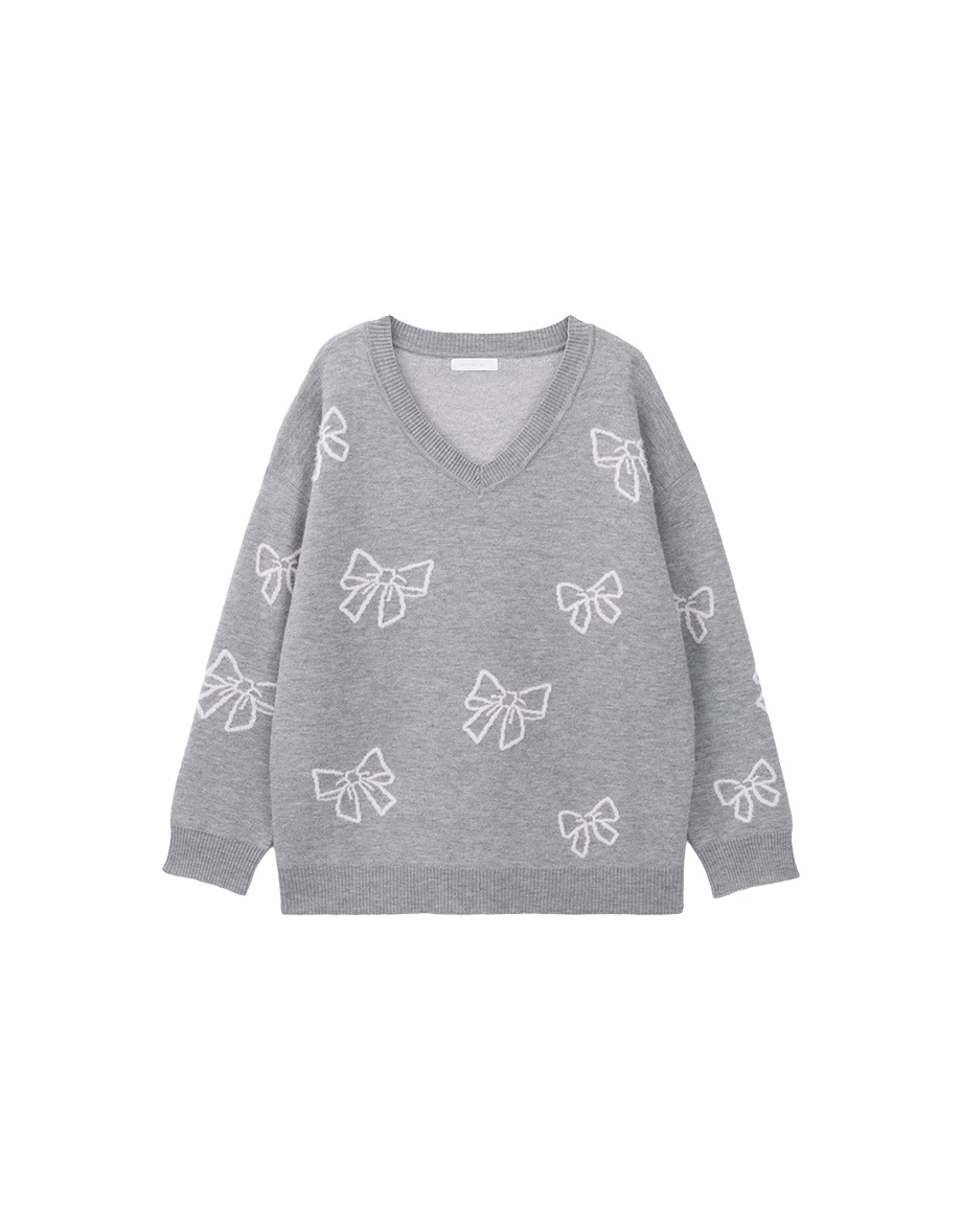 Allover Bow Jacquard V Neck Oversized Knit Sweater Allover Bow Jacquard V Neck Oversized Knit Sweater