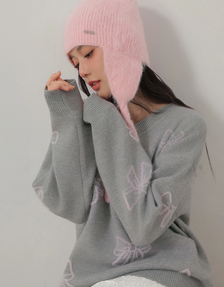 Allover Bow Jacquard V Neck Oversized Knit Sweater Allover Bow Jacquard V Neck Oversized Knit Sweater