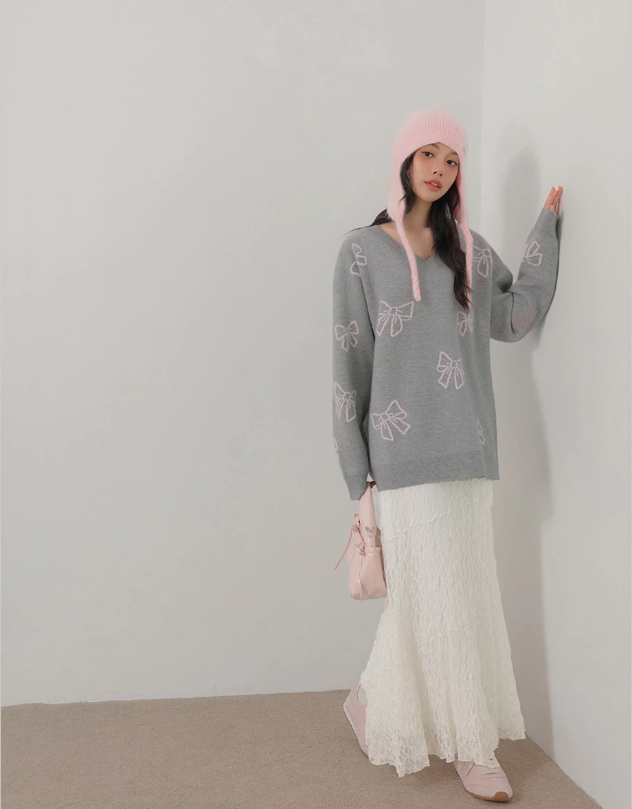 Allover Bow Jacquard V Neck Oversized Knit Sweater Allover Bow Jacquard V Neck Oversized Knit Sweater