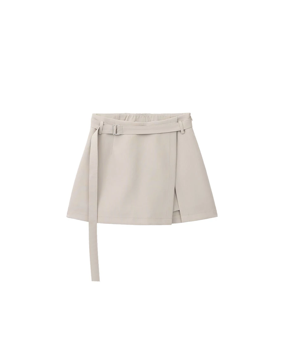 Asymmetric Wrap Front Side Slit Tailored Mini Skort (with Belt)