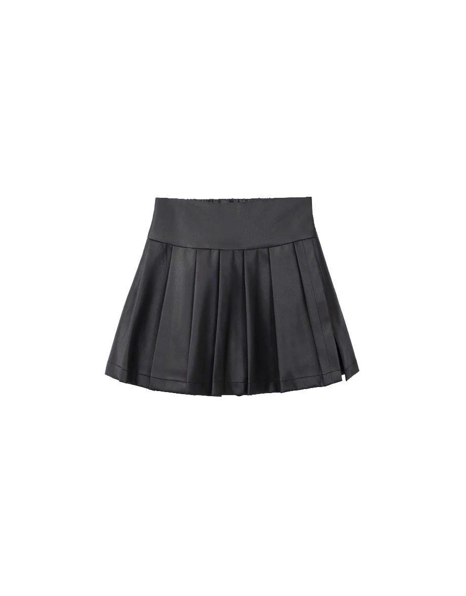 Wide Waistband Pleated Hem Mini Skort (Faux Leather / Faux Suede)
