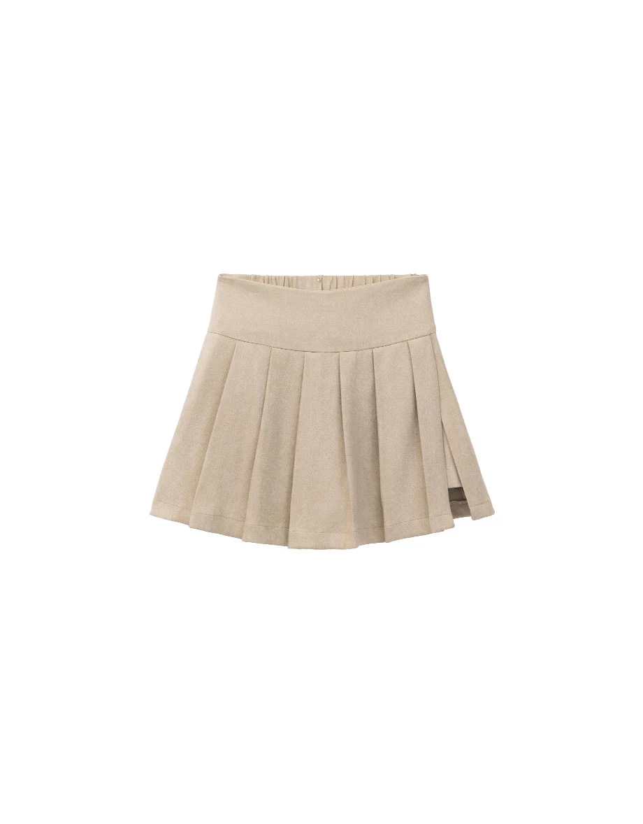 Wide Waistband Pleated Hem Mini Skort (Faux Leather / Faux Suede)