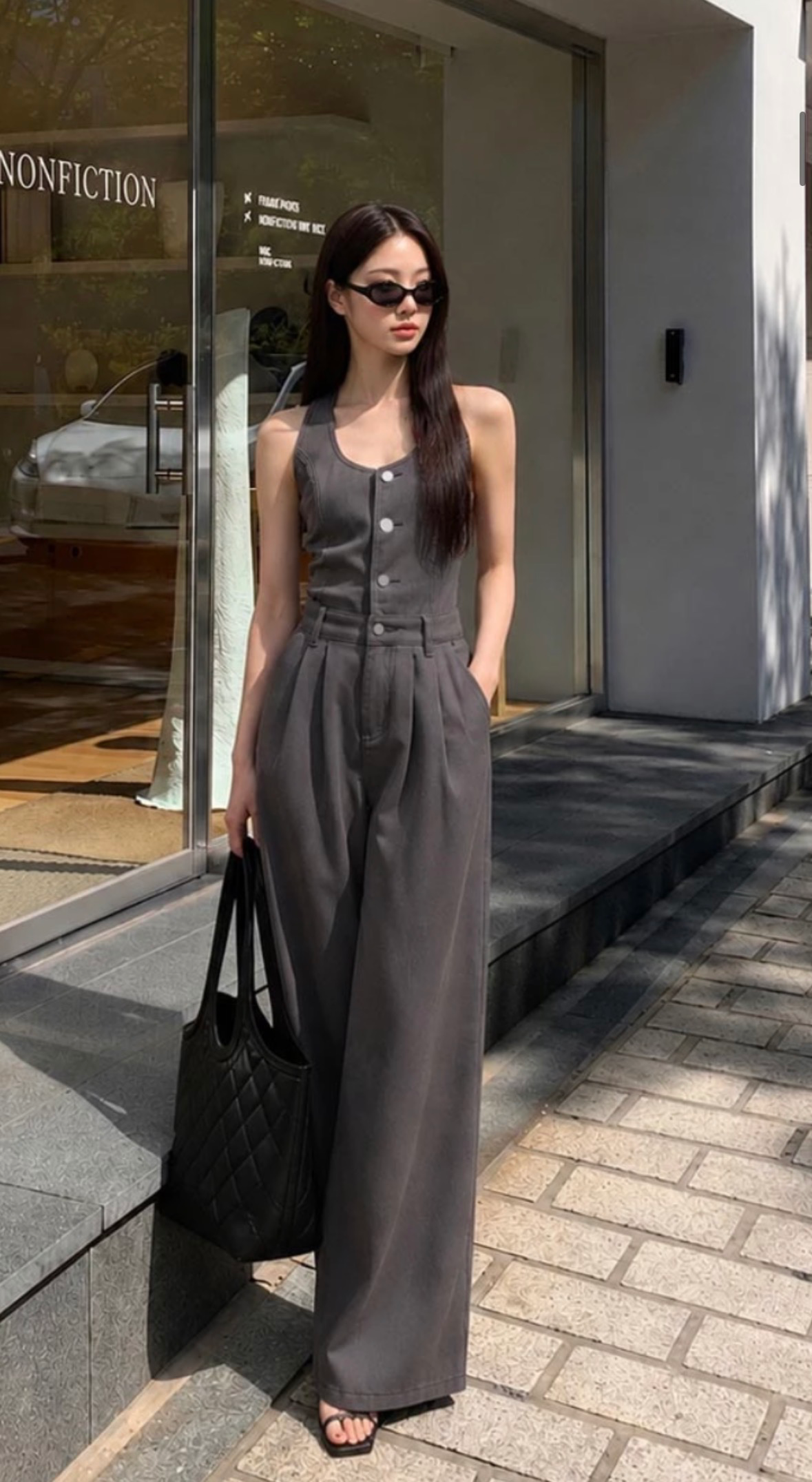 Halter Neck Button Up Open Back Wide Leg Padded Jumpsuit - AIR SPACE